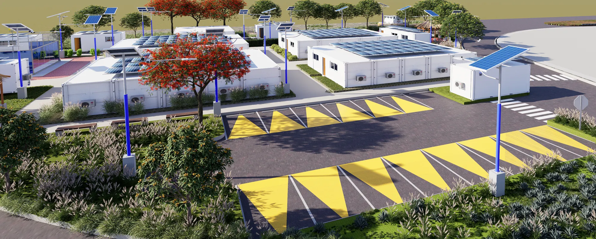Render de accesos, estacionamiento e iluminación solar del campamento
