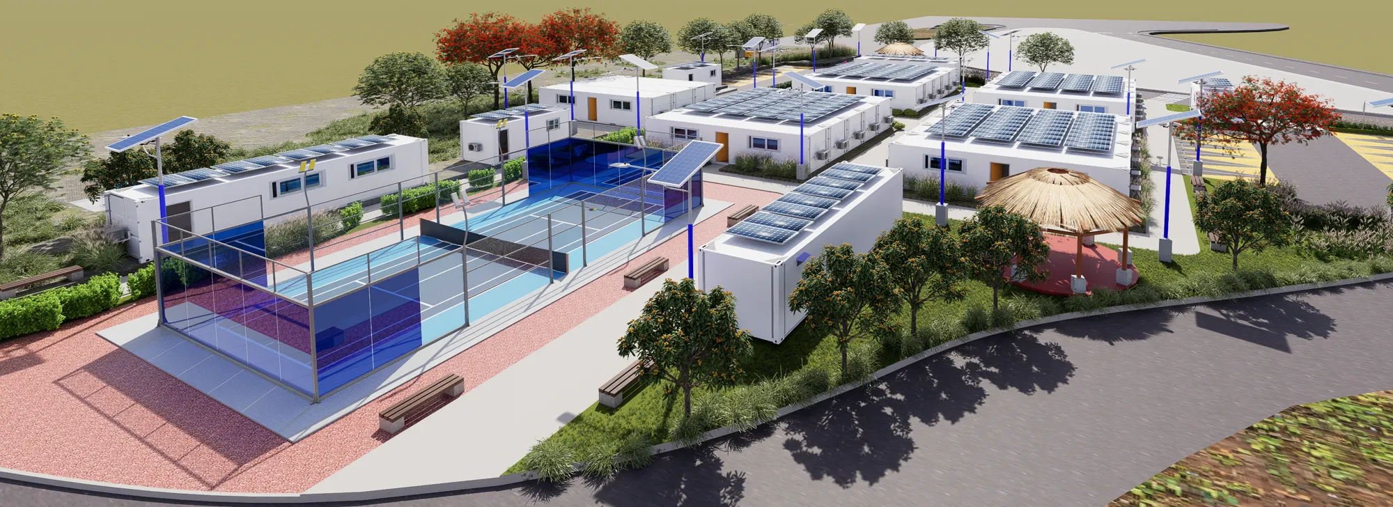 Render de áreas recreativas y módulos con energía solar